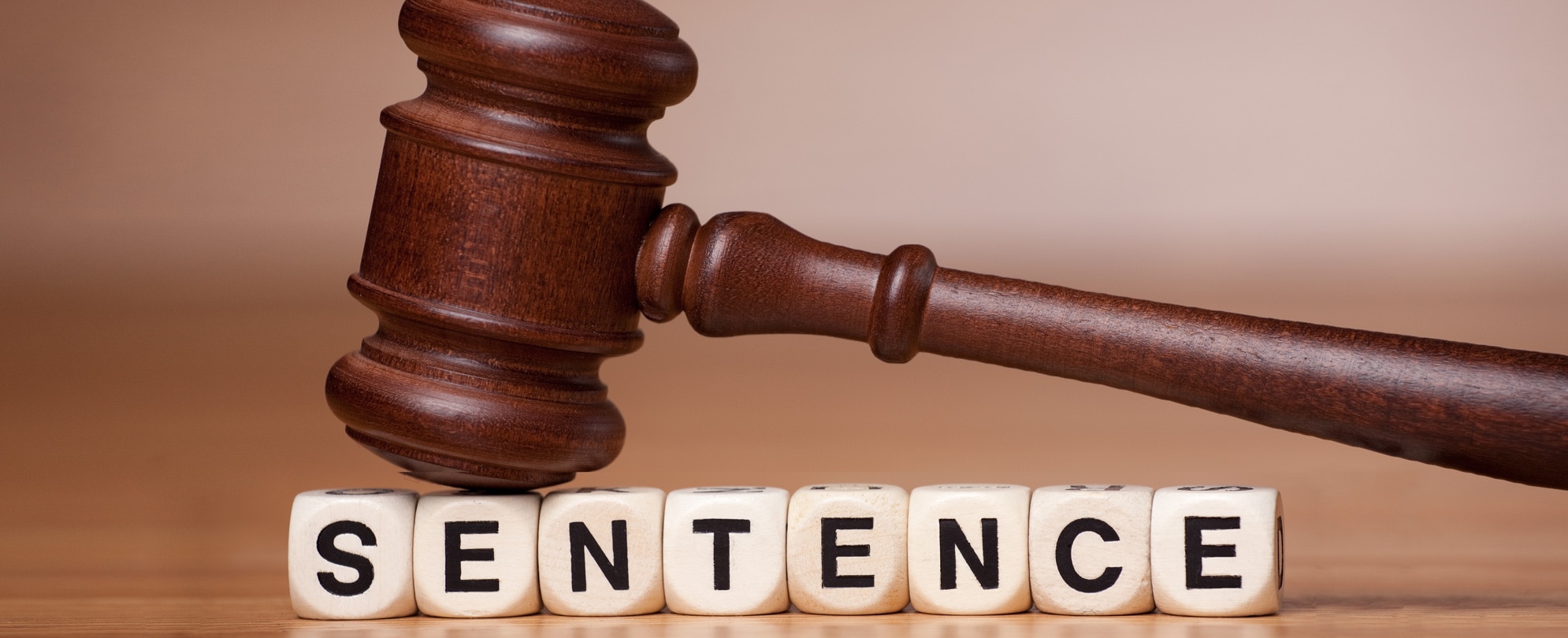 A gavel resting on letter cubes that spell SENTENCE