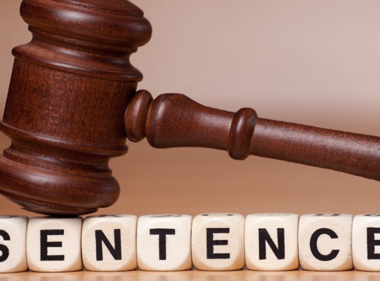 A gavel resting on letter cubes that spell SENTENCE