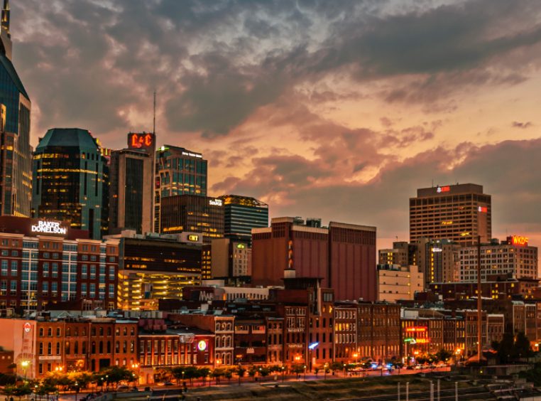 The skyline of Nashville, Tennessee at sunset 