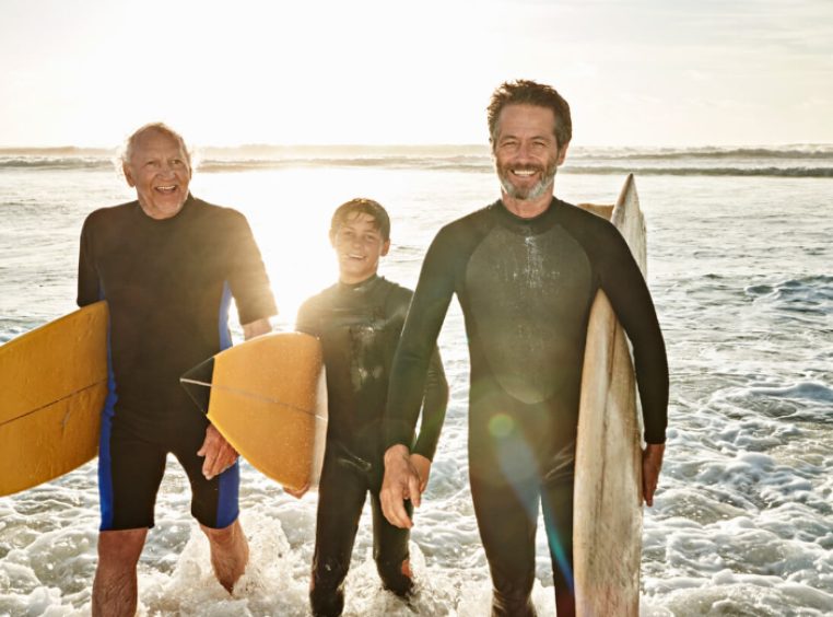 Grandfather, father, and son walking on to the shore with surfboards in hand 